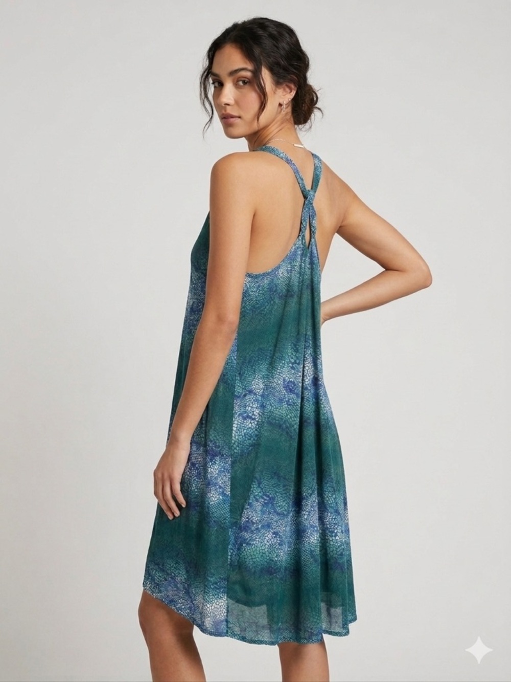 Sleeveless Teal-Blue Midi Dress with Knotted Back